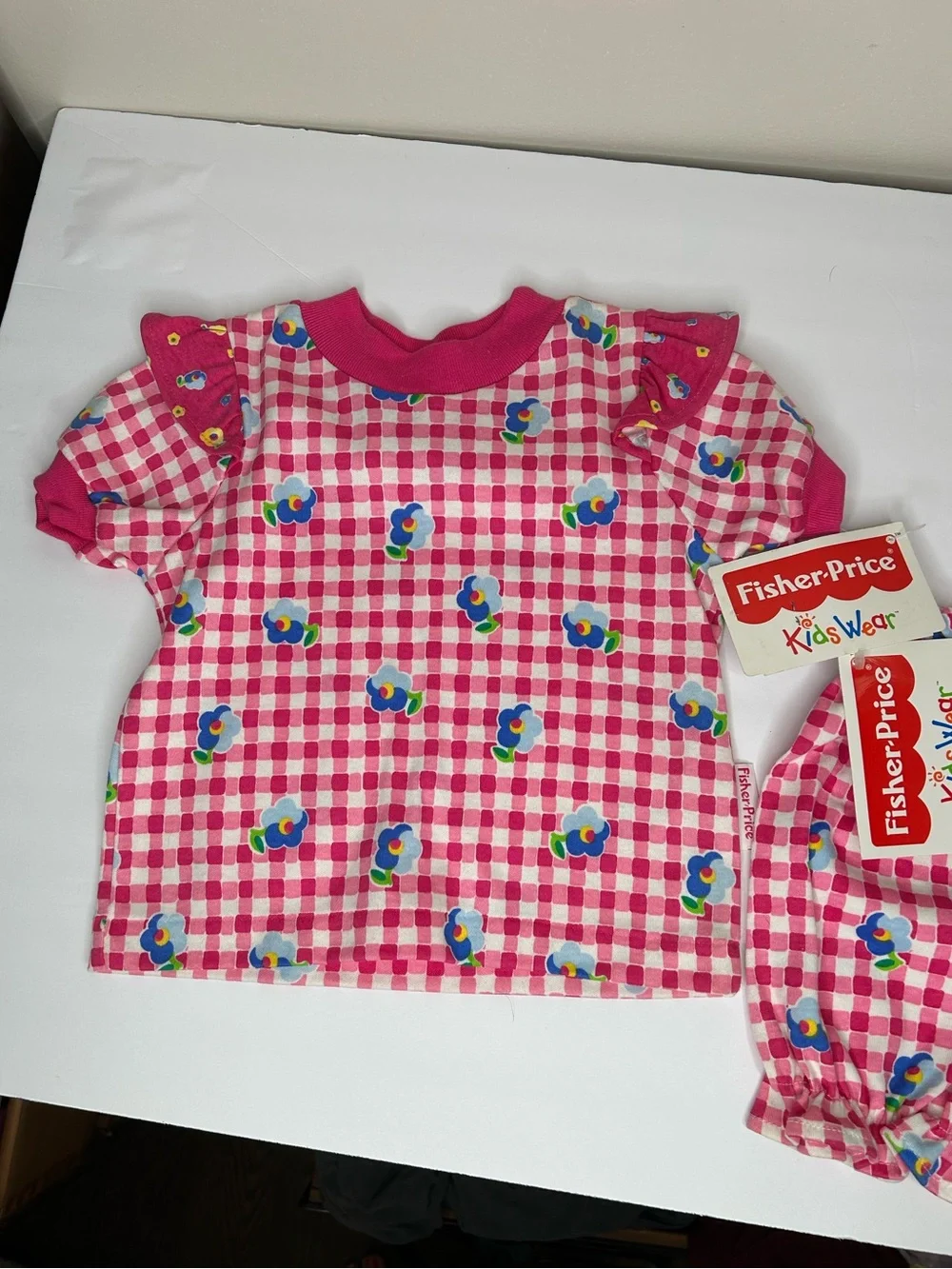 New Deadstock vintage Fisher-Price Pink Gingham Floral Baby Set 18 months